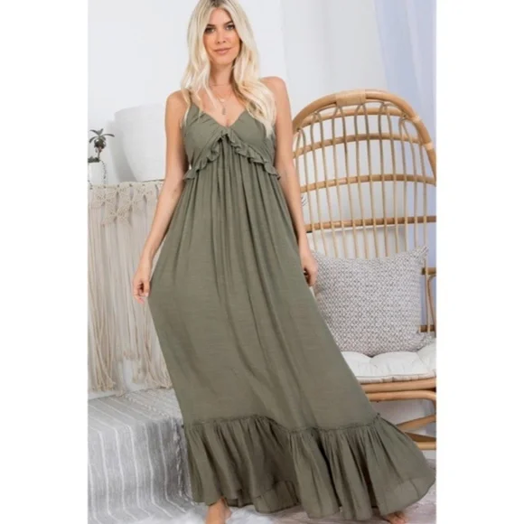 SOLD OUT Olive Bohemian Ruffle Long Full Length Sleeveless Casual Maxi Dress - Picture 1 of 4